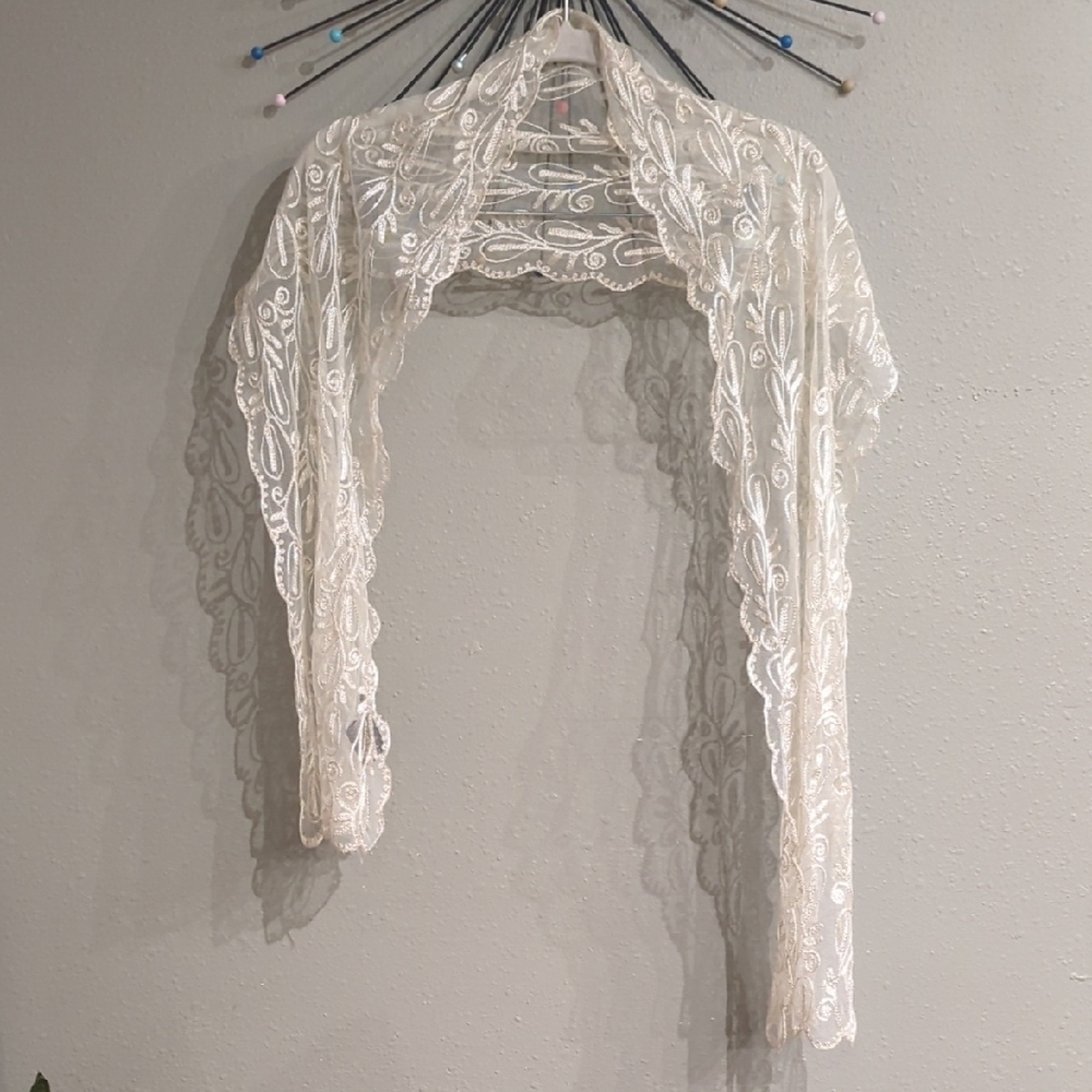 A.Brod Vintage Fashion Accessories Ivory Boho Scarf Head Cover Embroidery Sheer